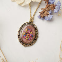 Real Pressed Flower and Resin Gold Necklace, Rose Gold in Pink Yellow Blue Red - Thumbnail 4