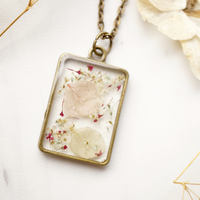Real Dried Flowers in Resin Necklace, Bronze Rectangle in Pink White Mint Mix - Thumbnail 4