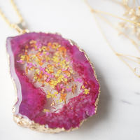 Real Dried Flowers and Resin Necklace, Magenta Druzy Geode in Pink Yellow Orange Gold - Thumbnail 4