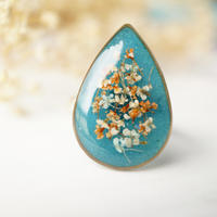 Real Pressed Flower and Resin Ring in Gold, Teal Orange White and Mint - Thumbnail 4