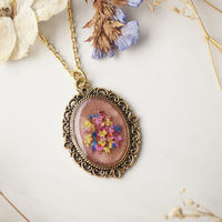 Real Pressed Flower and Resin Gold Necklace, Rose Gold in Pink Yellow Blue Red - Thumbnail 5