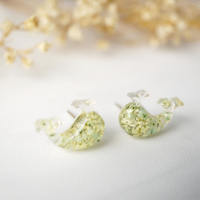Real Dried Flowers and Resin Whale Stud Earrings in Yellow and Mint - Thumbnail 5