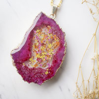 Real Dried Flowers and Resin Necklace, Magenta Druzy Geode in Pink Yellow Orange Gold - Thumbnail 5
