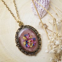 Real Pressed Flower and Resin Gold Necklace, Rose Gold in Pink Yellow Blue Red - Thumbnail 6