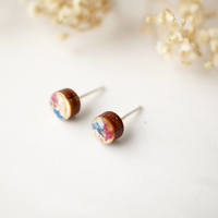 Real Dried Flowers and Resin on Wood Stud Earrings in Pink and Blue - Thumbnail 8