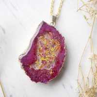 Real Dried Flowers and Resin Necklace, Magenta Druzy Geode in Pink Yellow Orange Gold - Thumbnail 6