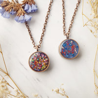 Real Dried Flowers in Resin Necklace, Thick Copper Circle in Blue Pink Red - Thumbnail 5