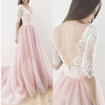 Long prom dress, v back prom dress, pink prom dress, half sleeves prom dress, v neck prom dress, evening dress, PD15072