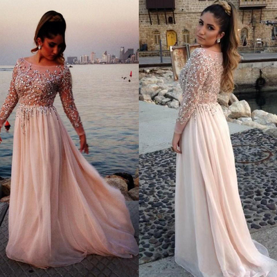 Long prom dress, beaded prom dress, long sleeve prom dress, formal prom dress, elegant prom dress, evening dress, pd15325