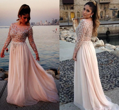 Long prom dress, beaded prom dress, long sleeve prom dress, formal prom dress, elegant prom dress, evening dress, PD15325