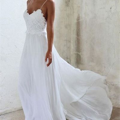 White a line lace chiffon long prom dress, lace evening dress - Thumbnail 4