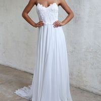 White A line lace chiffon long prom dress, lace evening dress - Thumbnail 1