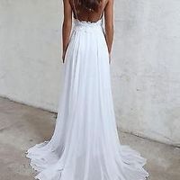 White A line lace chiffon long prom dress, lace evening dress - Thumbnail 2