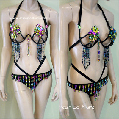 Dark Rainbow Rihanna Diamond Samba Cage Bra Cosplay Dance Costume Rave Bra Halloween Burlesque Show Girl