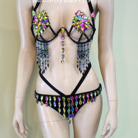 Dark Rainbow Rihanna Diamond Samba Cage Bra Cosplay Dance Costume Rave Bra Halloween Burlesque Show Girl - Thumbnail 1