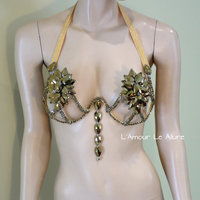 Gold Rihanna Diamond Samba Cage Bra Cosplay Dance Costume Rave Bra Halloween Burlesque Show Girl - Thumbnail 1