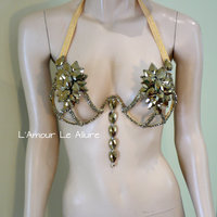 Gold Rihanna Diamond Samba Cage Bra Cosplay Dance Costume Rave Bra Halloween Burlesque Show Girl - Thumbnail 3