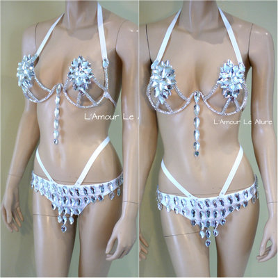 Silver rihanna diamond samba cage bra with bottom cosplay dance costume rave bra halloween burlesque show girl
