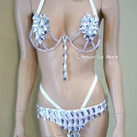 Silver Rihanna Diamond Samba Cage Bra with Bottom Cosplay Dance Costume Rave Bra Halloween Burlesque Show Girl - Thumbnail 1