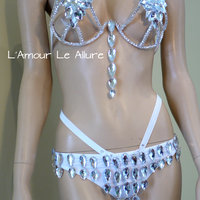 Silver Rihanna Diamond Samba Cage Bra with Bottom Cosplay Dance Costume Rave Bra Halloween Burlesque Show Girl - Thumbnail 3