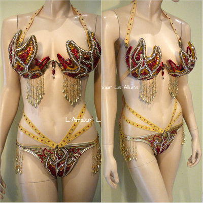 Red and gold girl on fire flame samba bra and bottom dance costume cage rave bra halloween