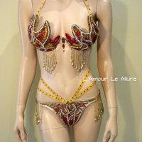 Red and Gold Girl On Fire Flame Samba Bra and Bottom Dance Costume Cage Rave Bra Halloween - Thumbnail 1