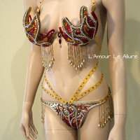 Red and Gold Girl On Fire Flame Samba Bra and Bottom Dance Costume Cage Rave Bra Halloween - Thumbnail 2
