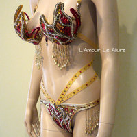 Red and Gold Girl On Fire Flame Samba Bra and Bottom Dance Costume Cage Rave Bra Halloween - Thumbnail 3