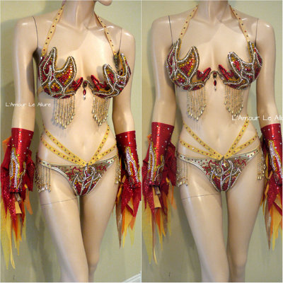 Red and Gold Girl On Fire Flame Samba Bra and Bottom Dance Costume Cage Rave Bra Halloween