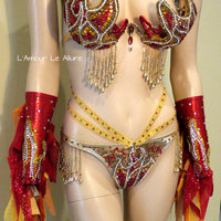 Red and Gold Girl On Fire Flame Samba Bra and Bottom Dance Costume Cage Rave Bra Halloween - Thumbnail 1