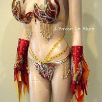 Red and Gold Girl On Fire Flame Samba Bra and Bottom Dance Costume Cage Rave Bra Halloween - Thumbnail 2