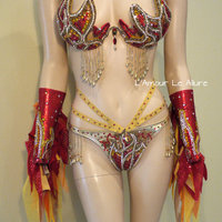 Red and Gold Girl On Fire Flame Samba Bra and Bottom Dance Costume Cage Rave Bra Halloween - Thumbnail 3