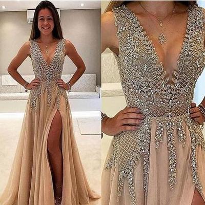 Beaded side split prom dresses long crystal deep v neck a line evening gowns formal tulle plus size party dress