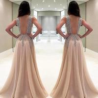 Beaded Side Split Prom Dresses Long Crystal Deep V Neck A Line Evening Gowns Formal Tulle Plus Size Party Dress - Thumbnail 1