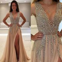 Beaded Side Split Prom Dresses Long Crystal Deep V Neck A Line Evening Gowns Formal Tulle Plus Size Party Dress - Thumbnail 3