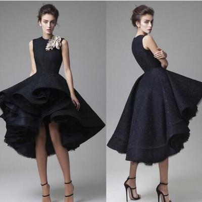 Prom dresses hand made flower jewel neck dark navy evening dress knee length party gown sleeveless ball gown formal dress 