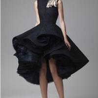 Prom Dresses Hand Made Flower Jewel Neck Dark Navy Evening Dress Knee Length Party Gown Sleeveless Ball gown Formal Dress  - Thumbnail 1