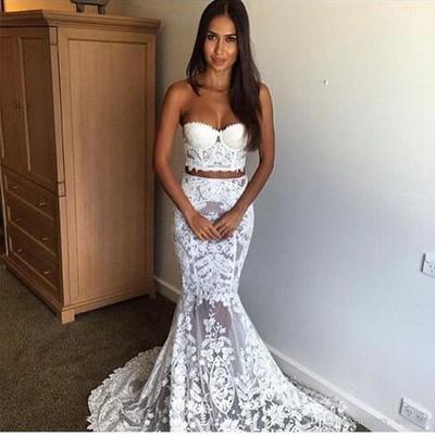 White Two Pieces Prom Dresses Mermaid Appliques Evening Gowns Sweetheart Vintage Lace Party Gown vestido de festa Formal