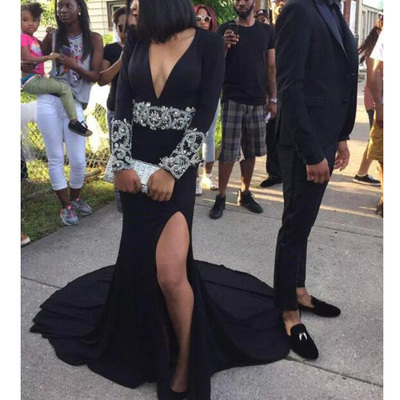Black prom dress, long prom dress, sexy v neck prom dress, long sleeves prom dress, split prom dress, evening dress, PD15083