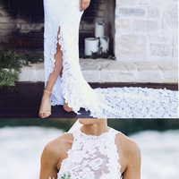 Lace wedding dress, long wedding dress, mermaid wedding dress, split wedding dress, open back wedding dress, bridal dress, PD15371 - Thumbnail 1