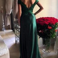 2017 Hot Selling Sexy Long Green Prom Dresses Front Split Mermaid Backless Off-the-shoulder Lace Formal Evening Gowns Custom Made New P200 - Thumbnail 1