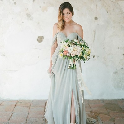 Off the shoulder light sage split side bridesmaid dress wedding party gown - Thumbnail 5