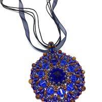Royal Blue and Jasper Stone Crystal Pendant on Ribbon Necklace - Thumbnail 1