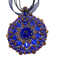 Royal Blue and Jasper Stone Crystal Pendant on Ribbon Necklace - Thumbnail 2