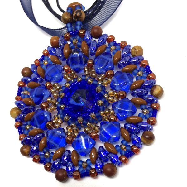 Royal Blue and Jasper Stone Crystal Pendant on Ribbon Necklace