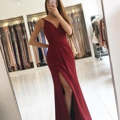Simple burgundy chiffon long prom dress,burgundy evening dresses