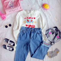Kawaii Heart/Strawberry Loose Jeans - Thumbnail 1