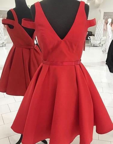 Cute A-line red v neck short prom dress, evening dress