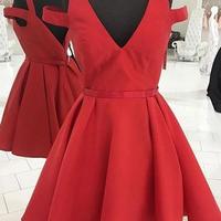 Cute A-line red v neck short prom dress, evening dress - Thumbnail 1