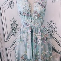 Deep V Neck Short Homecoming Dress with Appliques - Thumbnail 1